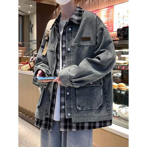 假两件拼接牛仔外套男春秋款