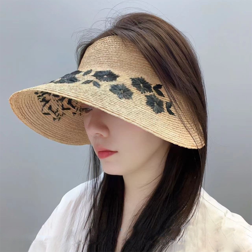 夏季刺绣花朵水钻草编空顶帽女