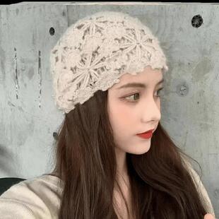 新款毛线帽日系温婉双层手工钩花包头帽时尚秋冬百搭保暖针织帽子