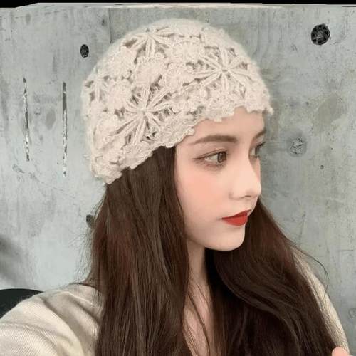 日系温婉双层手工钩花包头帽
