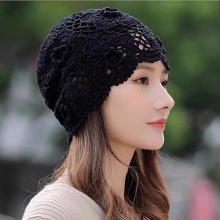 帽子女士春夏季薄款头巾帽镂空蕾丝包头帽洋气百搭遮白发钩花帽子