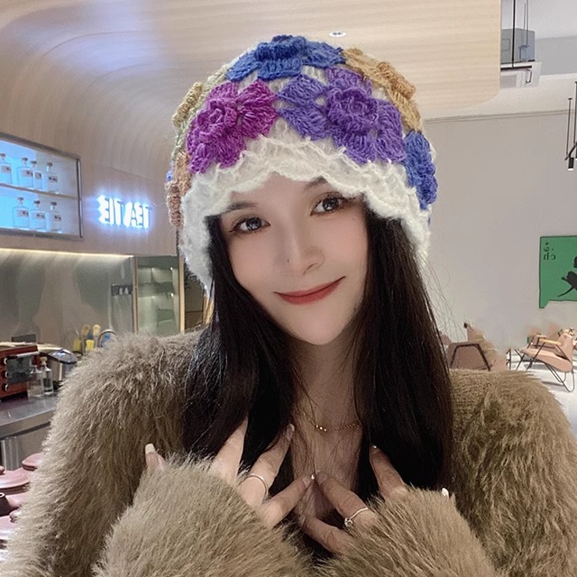 双层手工钩花立体花朵针织帽女