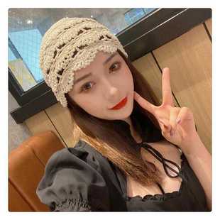 帽子女春秋韩版潮蕾丝薄款遮白发镂空手工编织瓜皮头巾包头贝雷帽