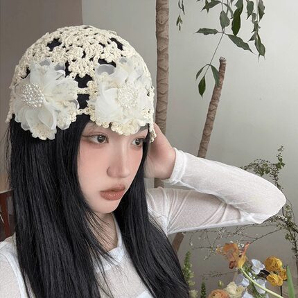 自制韩系夏季花朵套头帽显脸小手工钩织镂空包头帽个性百搭帽子潮