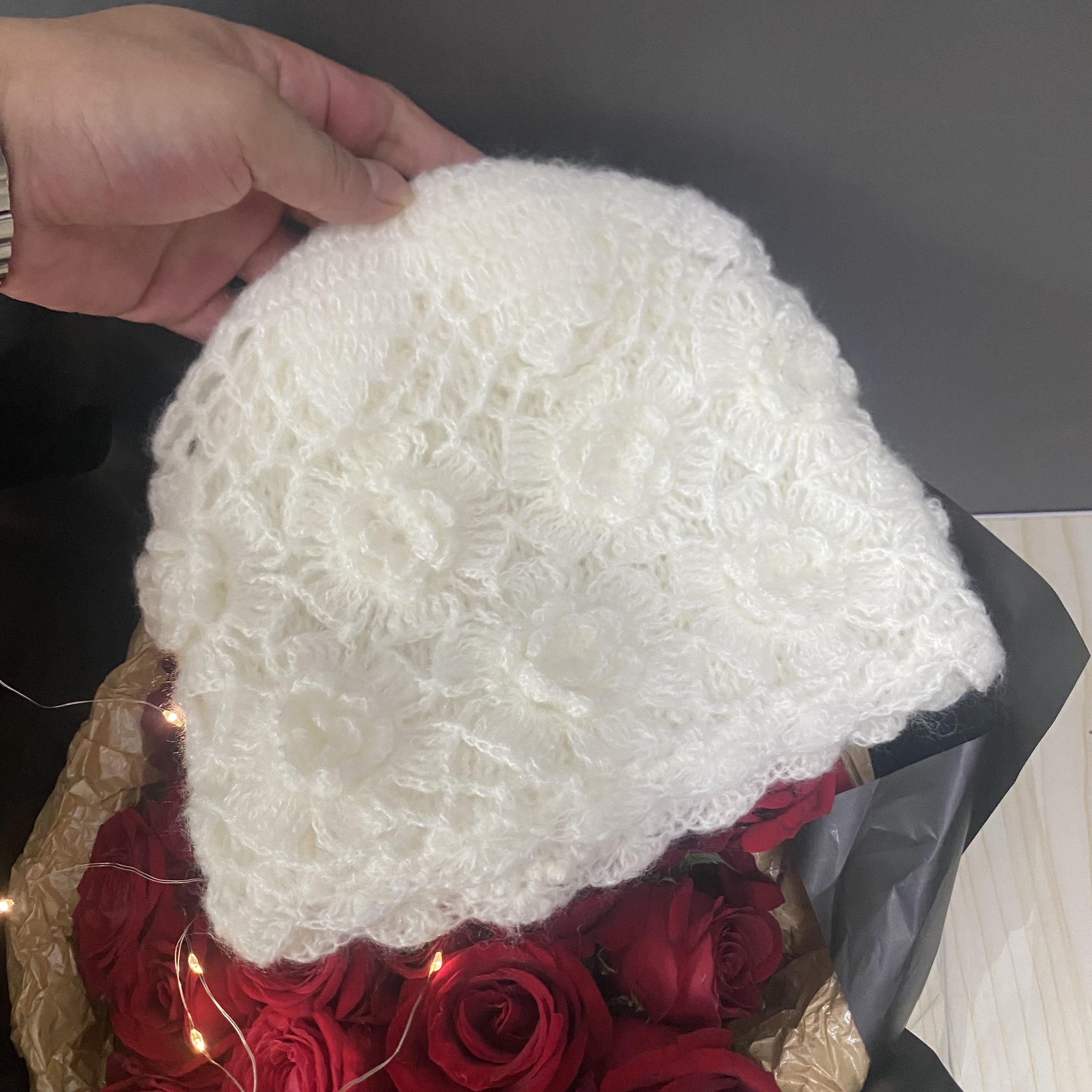 2025新款包头毛线帽手工钩花帽子