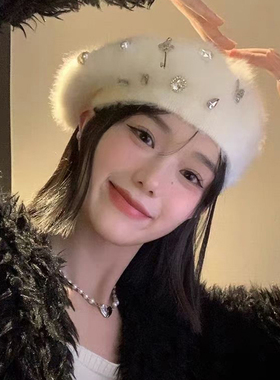 秋冬可爱兔毛贝雷帽女水钻蓓蕾帽