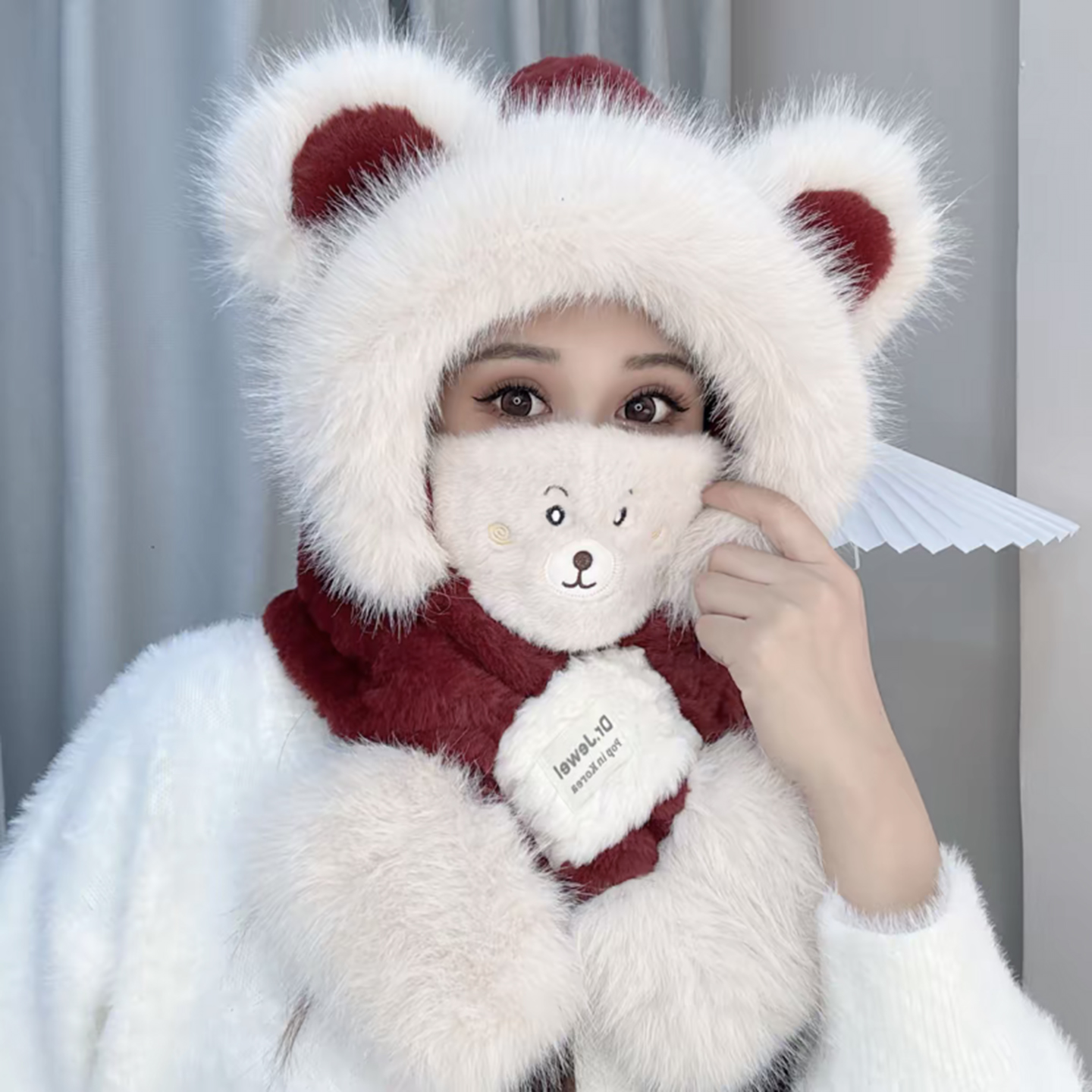 网红两件套可爱小熊耳朵毛绒帽
