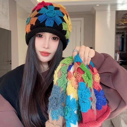 秋冬日系甜美手钩彩色立体花朵帽