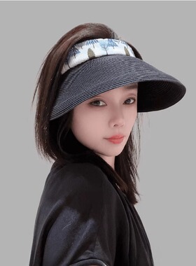 女士款春夏草编空顶帽子女大帽檐遮阳防晒可折叠扎马尾百搭防晒帽