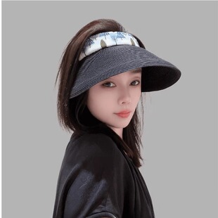 女士款春夏草编空顶帽子女大帽檐遮阳防晒可折叠扎马尾百搭防晒帽