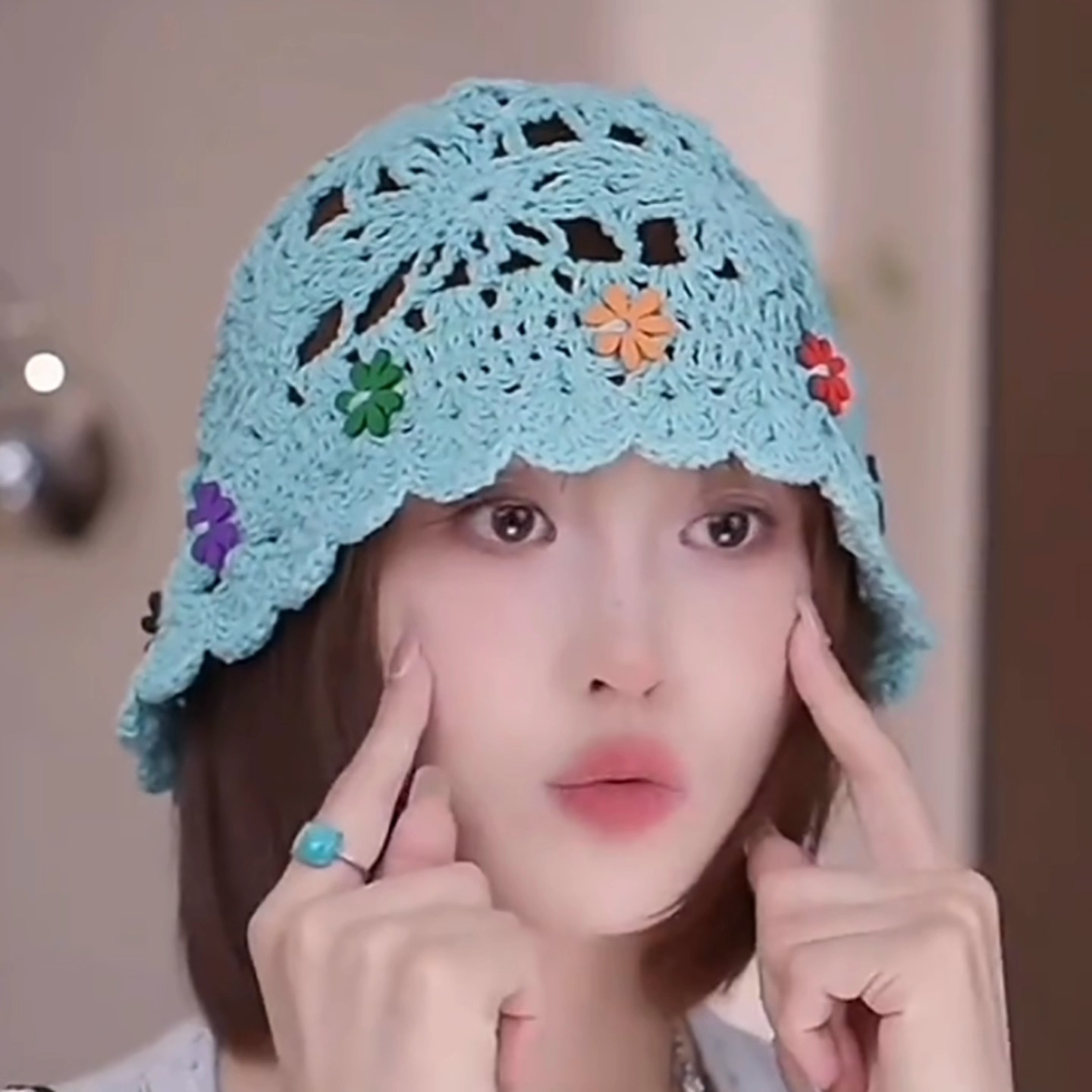 手工编织花朵包头帽子女春夏薄款镂空毛线帽复古文艺针织帽盆帽潮