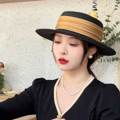 遮阳帽子平顶撞色织带时尚夏天