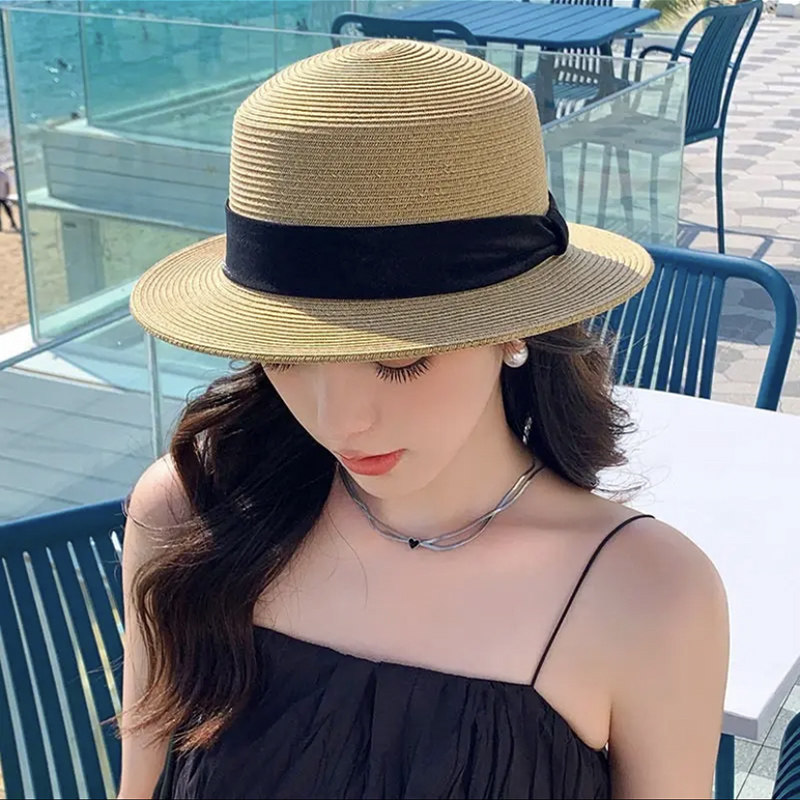 夏季短檐法式绸带优雅平顶草帽女