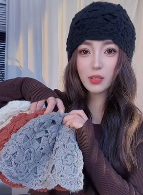 日系双层手工勾花包头帽子时尚贝雷帽女秋冬韩版潮针织帽冬季保暖