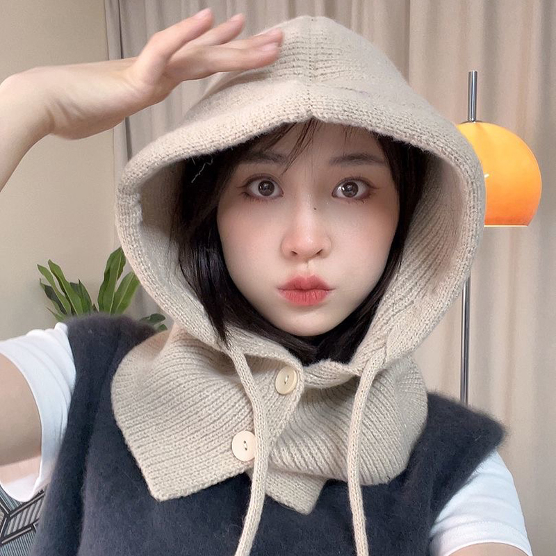 秋冬骑行保暖针织系绳围脖帽女