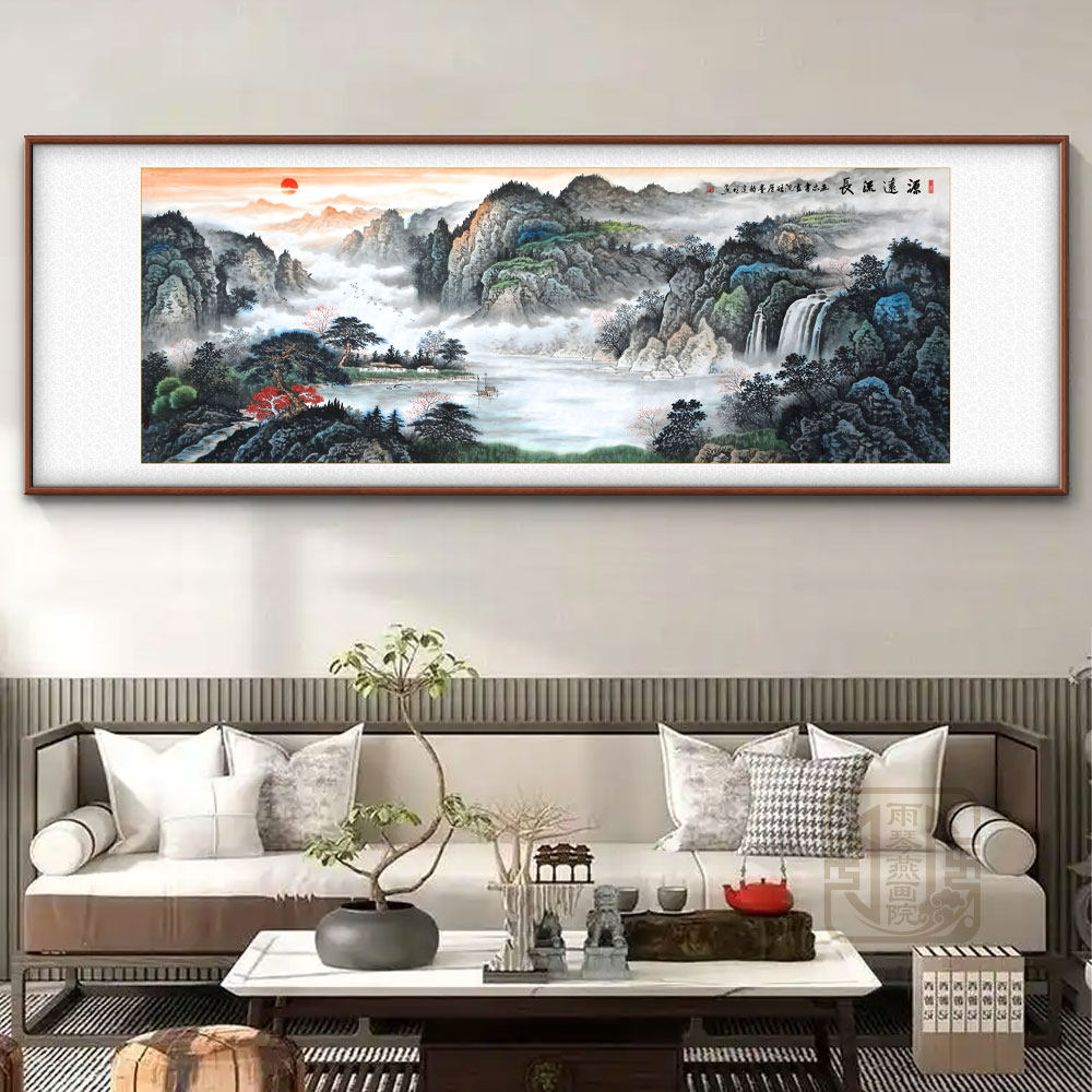 源远流长手绘山水画 国画客厅壁画办公室靠山挂画 流水生财装饰画