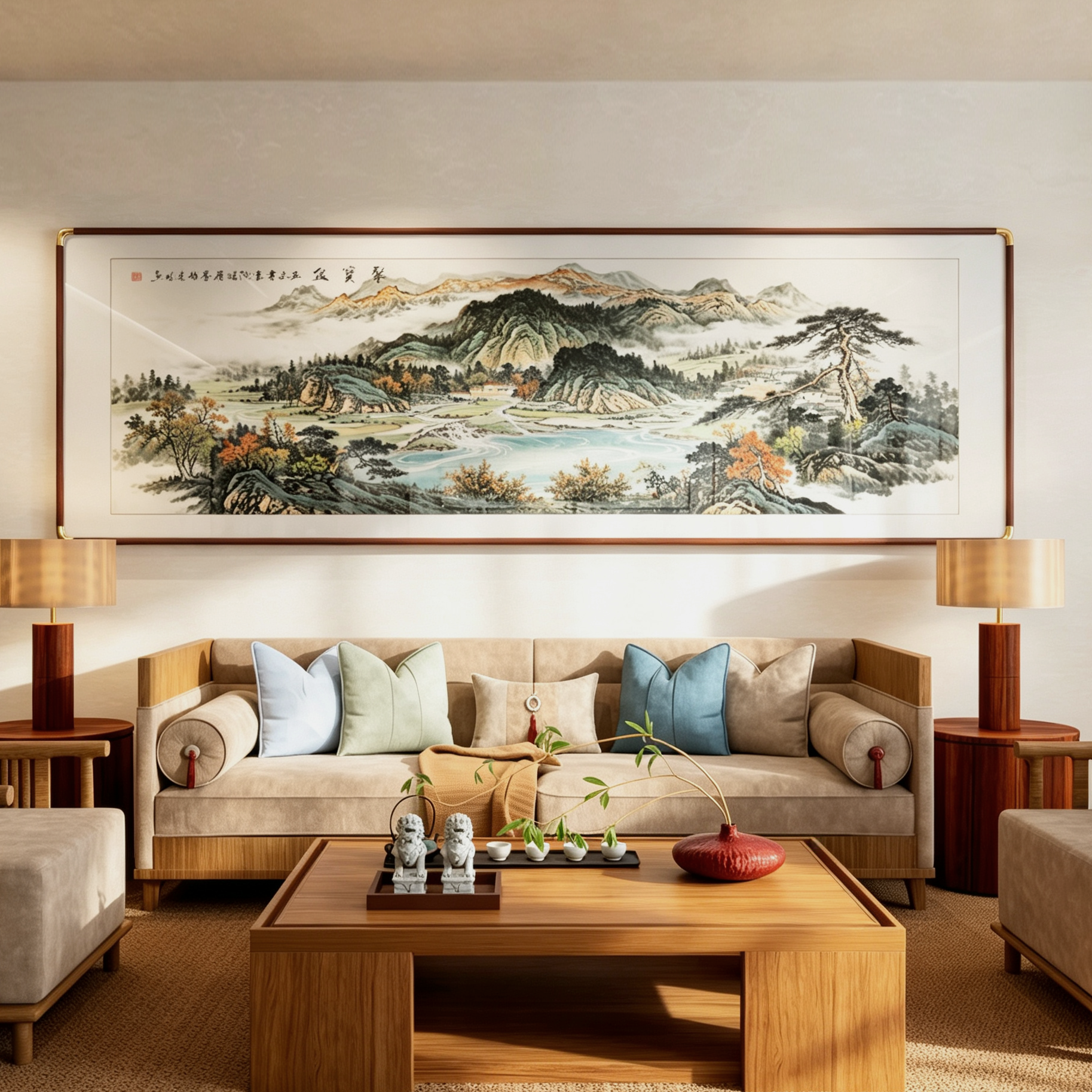 聚宝盆山水画客厅茶室装饰画沙发背景墙挂画流水生财壁画中式国画