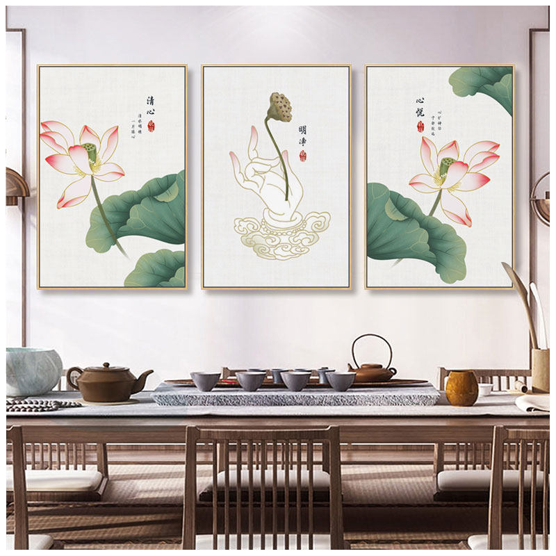 清心禅意工笔荷花字画新中式客厅背景挂画茶室装饰画书房沙发壁画