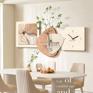 水培绿植奶油风餐厅装饰画背景墙石来运转餐桌饭厅挂钟表挂画客厅