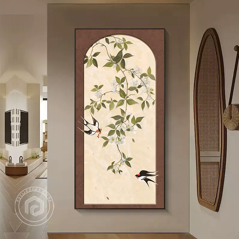 2026新款中古风入户玄关装饰画花鸟正对门壁挂画高档走廊过道挂画,家居饰品,现代装饰画,淘宝优惠券,粉丝福利购,淘宝优惠卷