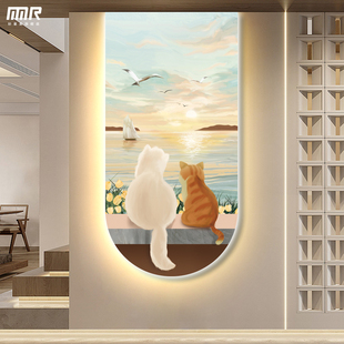 饰画过道发光灯画壁画客厅海边猫咪无框画 现代简约入户走廊玄关装