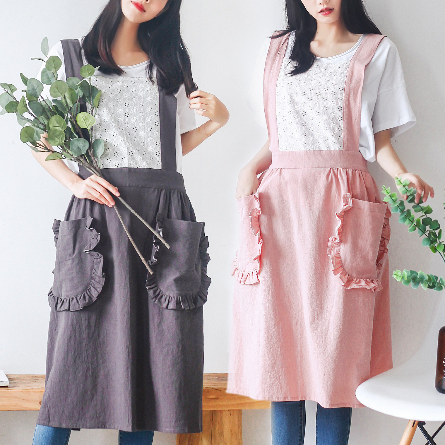 韩版网红公主木耳边围裙可爱全棉居家服大码女围兜烘焙商用工作服