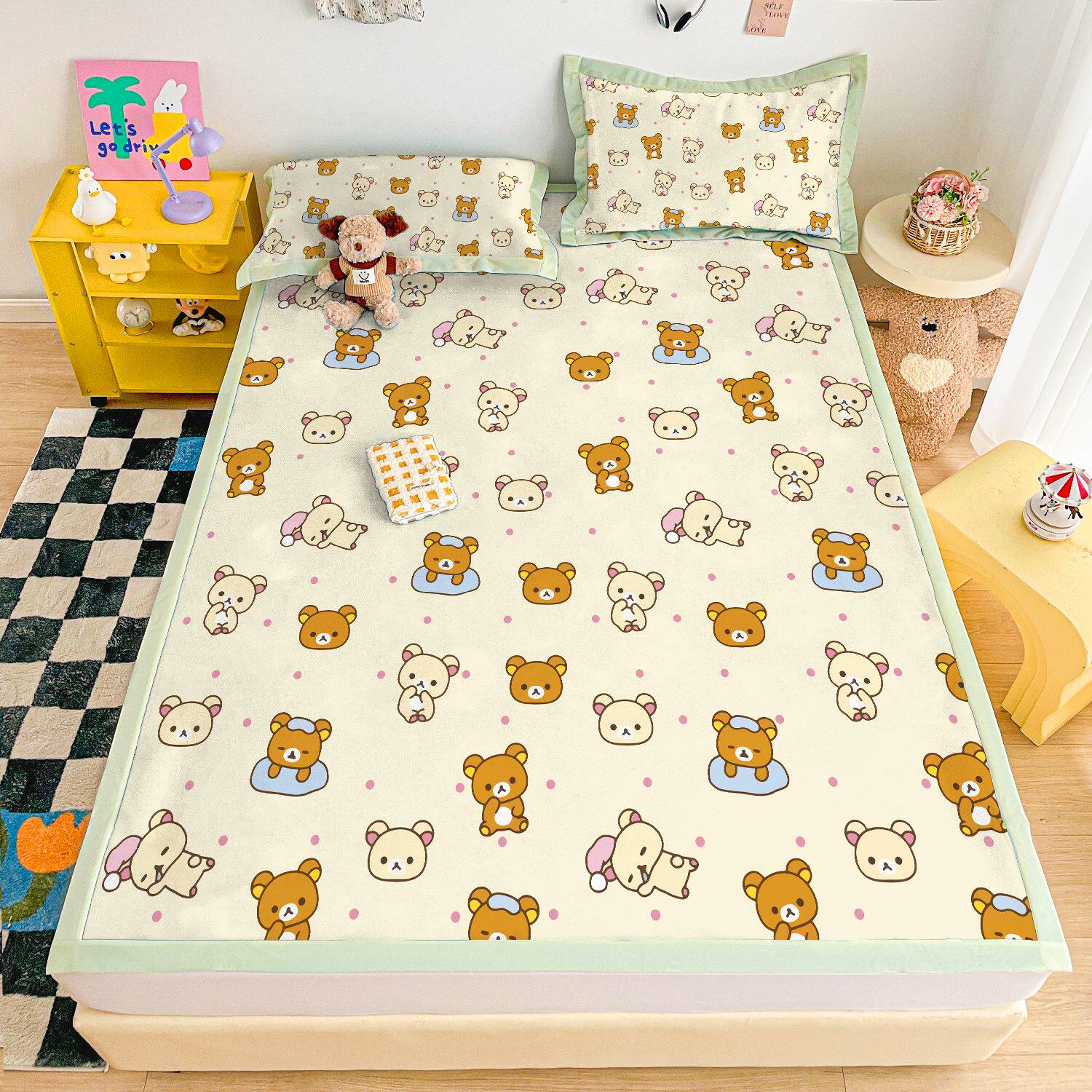 轻松熊可爱卡通冰丝席三件套夏季凉感学生寝室单人席子可水洗机洗