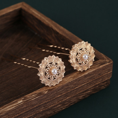 唐风莲纹仿珍珠小发钗簪子