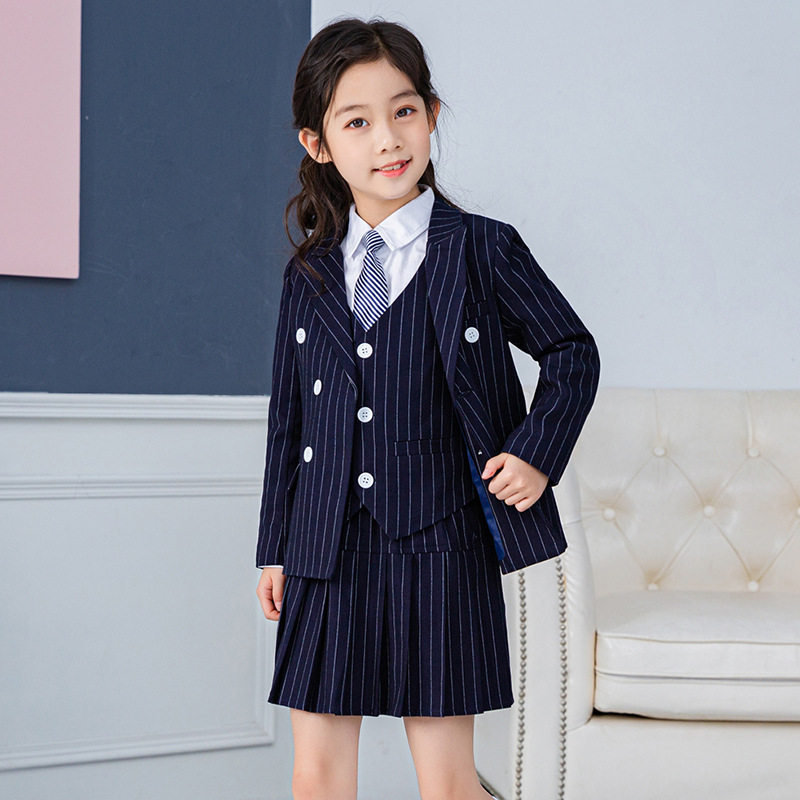 女童西装套装2023新款韩版条纹洋气小西服百褶裙校服园服钢琴演出