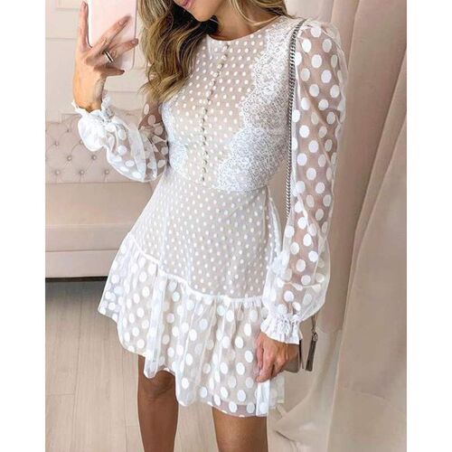 波点拼接蕾丝长袖连衣裙女Polka dot long sleeve women dress