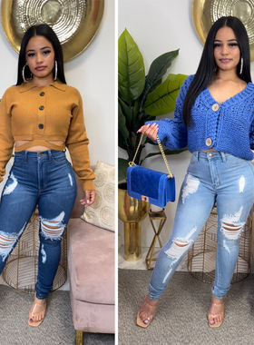 fashion elastic ripped jeans women ladies pants trousers女裤