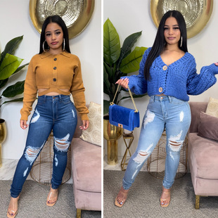 fashion elastic ripped jeans women ladies pants trousers女裤