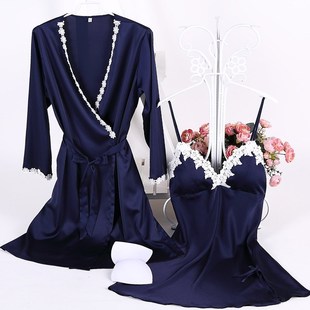 2PC Female silky Pajamas Set Coat+Vest+Pants 2018 Pijama