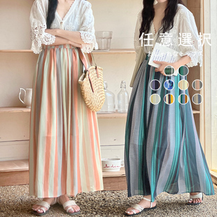 亚马逊夏季2023日系新款条纹长款半身裙a字大摆长裙Long skirt