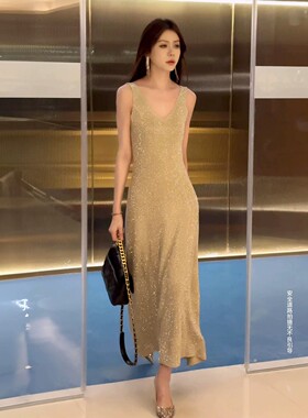 闪钻连衣裙高级无袖长裙女烫钻显瘦内搭吊带高级感晚礼服宴会穿搭