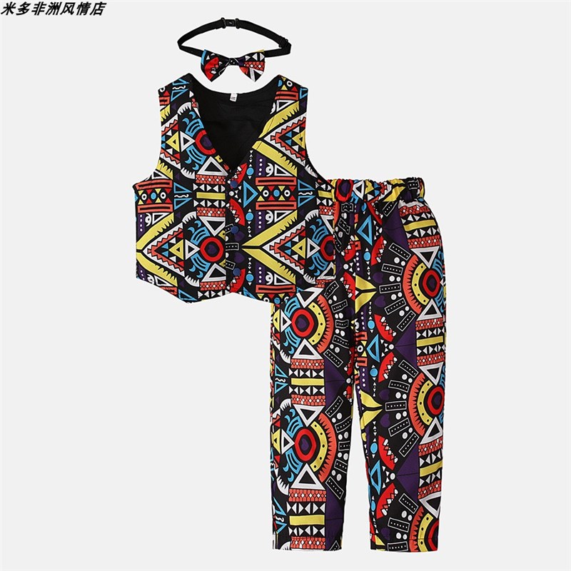 African clothes非洲男童马甲上衣+长裤+发带/三件套表演童装