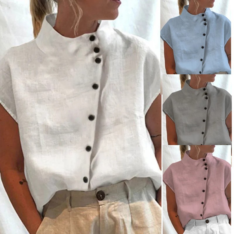 Cotton and linenn standing collar casual shirt Women's comfo