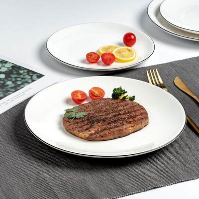 White ceramic steak plate round Western knife fork dinner