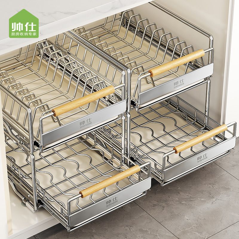 帅仕不锈钢碗碟收纳架抽屉式沥水碗架免钉放碗盘拉篮橱柜内置物架