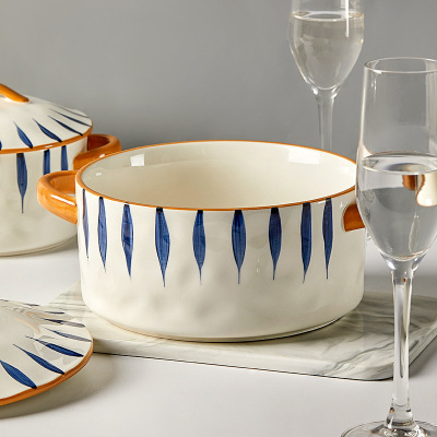 2024新款高级感陶瓷大碗8寸日式双耳汤碗家用带盖汤盆大号直销