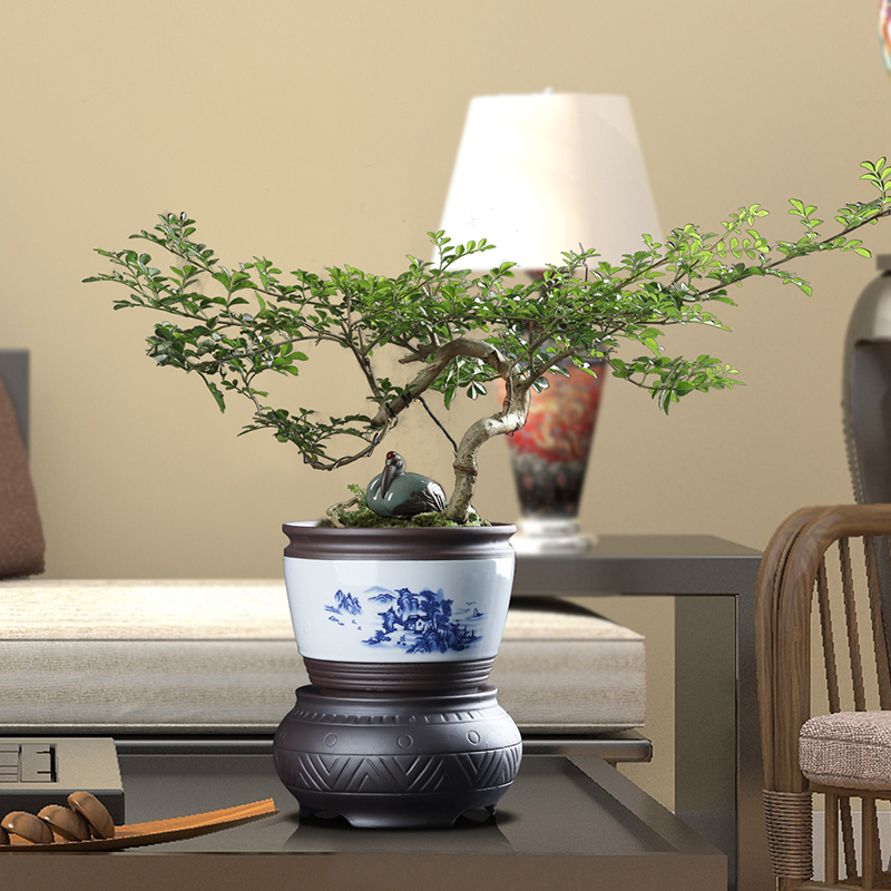 创意复古陶瓷自动吸水懒人花盆盆栽发财树迎客松大号透气盆带托盘
