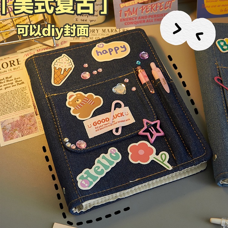 a5记事本y2k牛仔风布艺手账本复古可DIY厚本子高颜值活页笔记本方