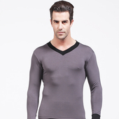 男士 上衣 款 紧身莫代尔v领保暖基础内衣单件秋衣低领修身 薄打底衫