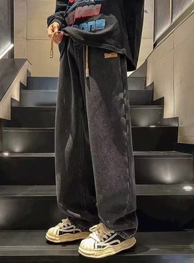 Timpeake黑色牛仔裤男复古水洗阔腿宽松直筒裤高街潮牌1034