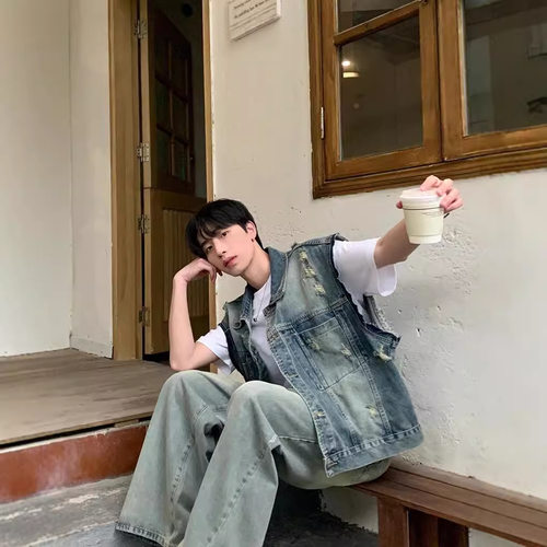 Timpeake美式水洗牛仔马甲男潮牌宽松休闲百搭痞帅做旧无袖605