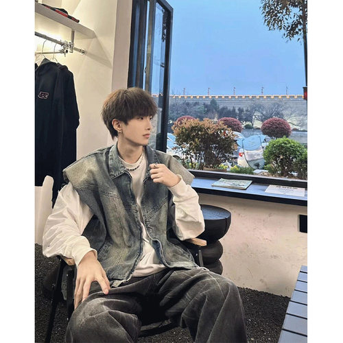 Timpeake美式垫肩牛仔马甲男潮牌设计感工装外套叠穿无袖JK8601