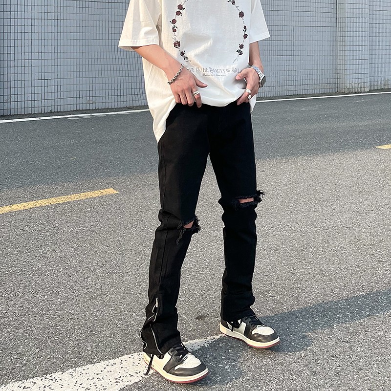 Timpeake美式高街拉链微喇破洞牛仔裤男ins潮牌vibe风直筒E44