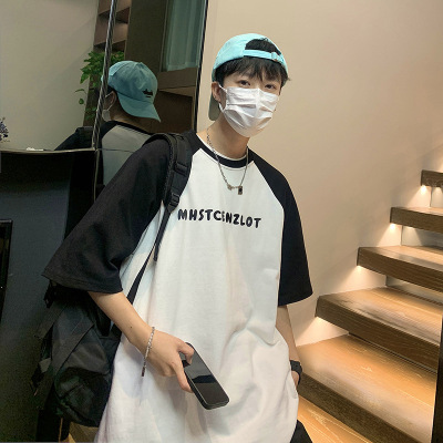 Tim Peake插肩拼色五分袖潮牌ins短袖t恤宽松美式半袖衣服T343