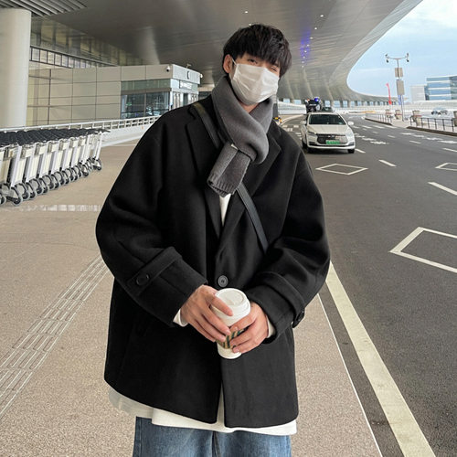 Timpeake秋冬季毛呢大衣男宽松港风西装风衣外套短款潮流T005