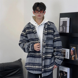 Tim 休闲宽松潮流港风翻领429 Peake格子毛呢夹克外套男生长袖